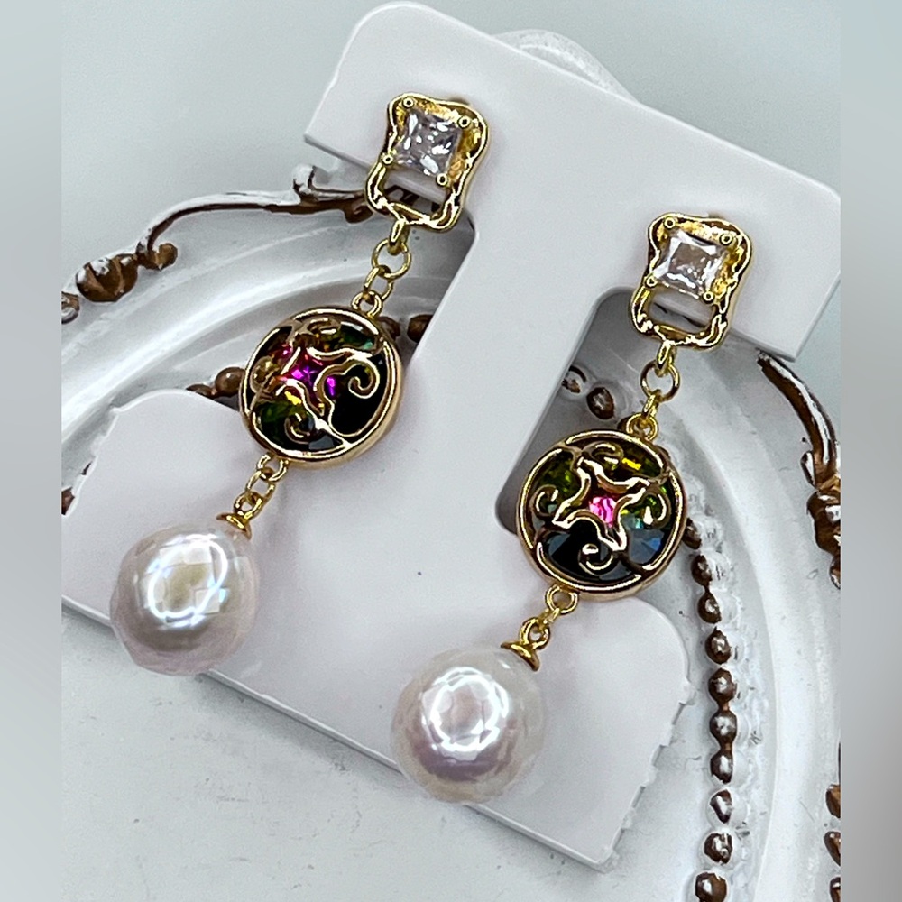 Handmade Freshwater Carved Edison Pearl Crystal S925 SS Posts Earrings - Picture 2 of 3